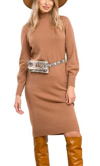 Dzianinowa sukienka z półgolfem i torebką midi camel r. L/XL
