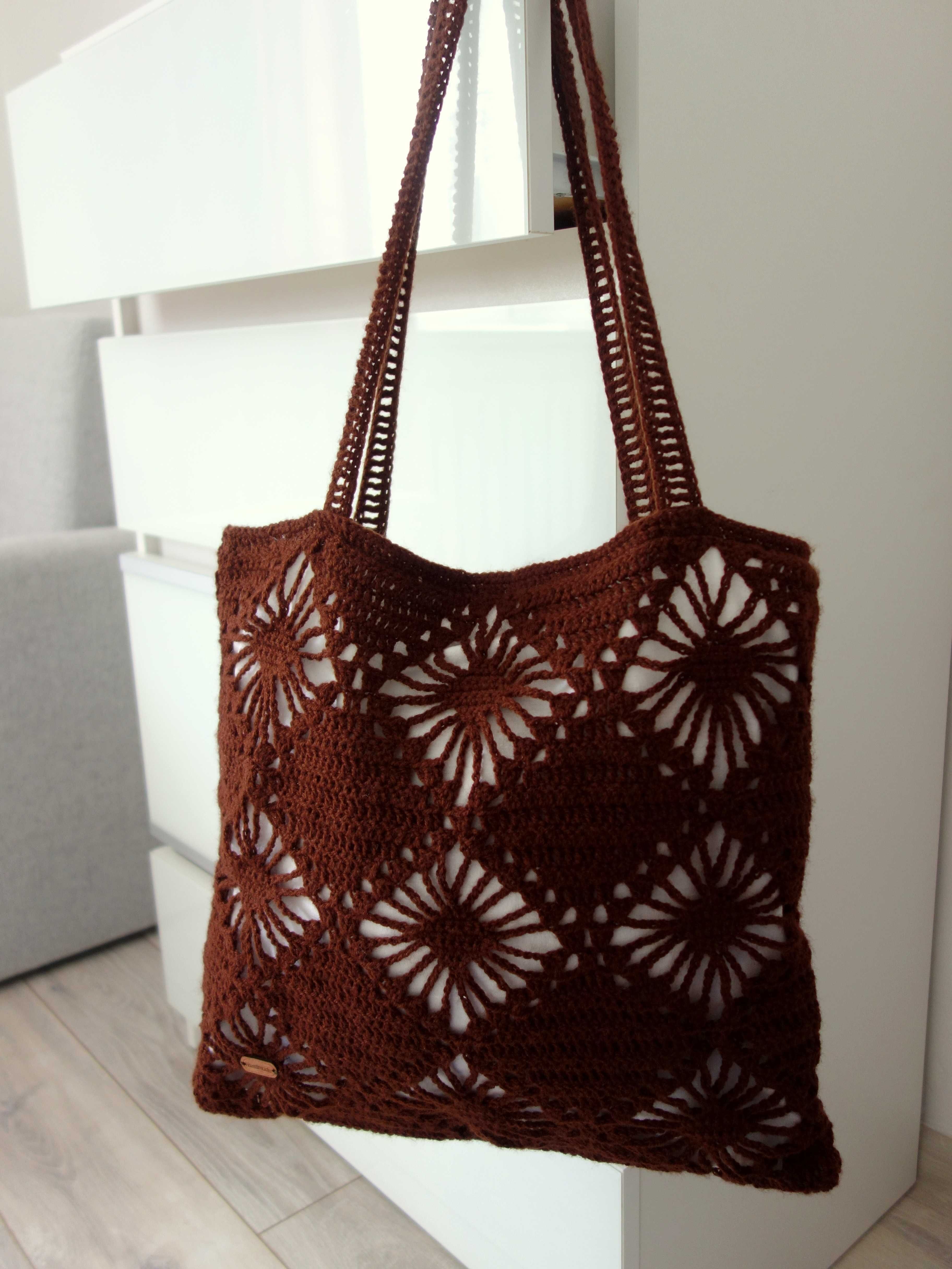 Nowa torebka na szydełku szydełkowa brązowa plażowa worek handmade
