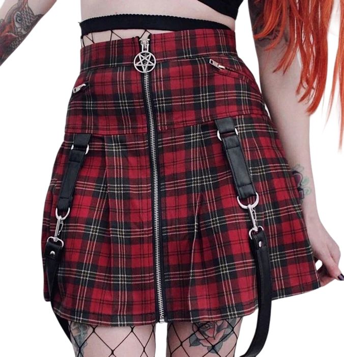 Spódnica w Kratkę z Elementami Gotyckimi Wysoki Stan GOTH - L