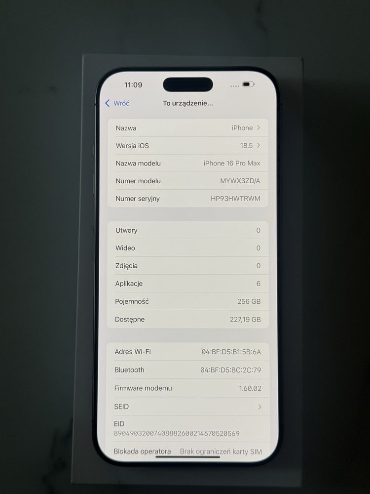 iPhone 16 Pro Max 256GB (0 cykli ladowania)