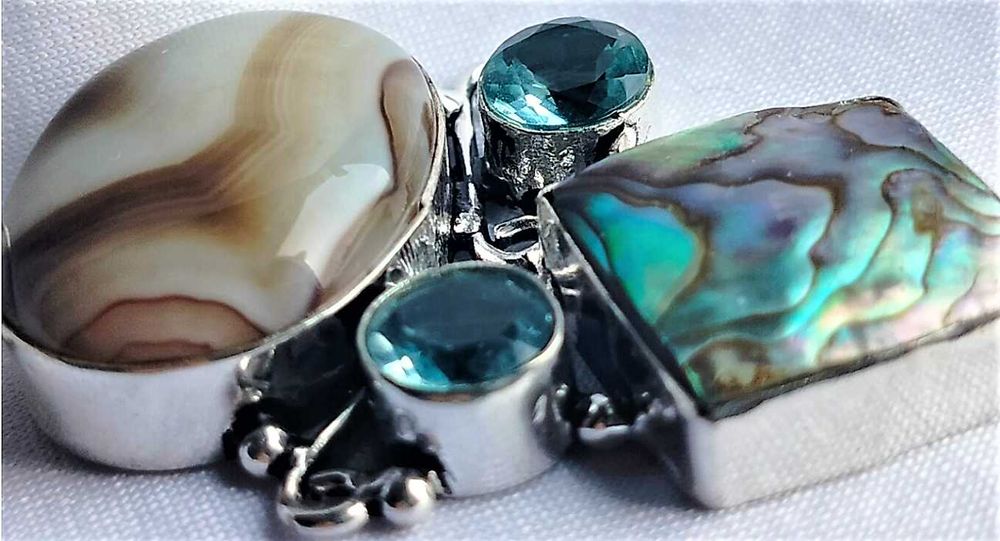 Srebrny Naszyjnik: Agat Blue Topaz Tęcza Abalone
