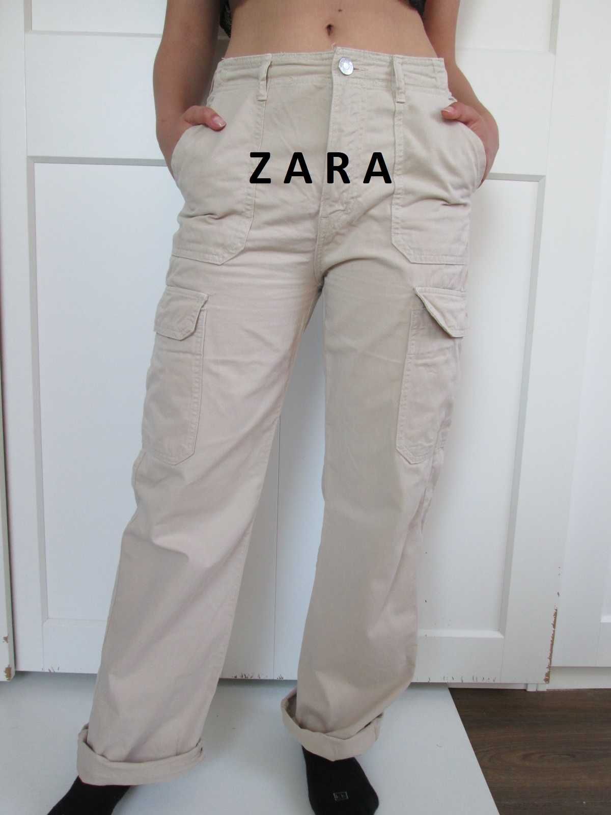 Zara beżowe spodnie cargo wysoki stan bawełna S 36