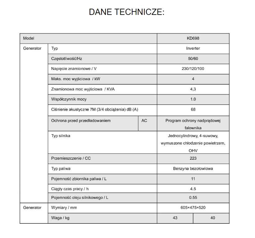 Agregat generator prądotwórczy inwertorowy 4 kW / 4,3 kW KD698