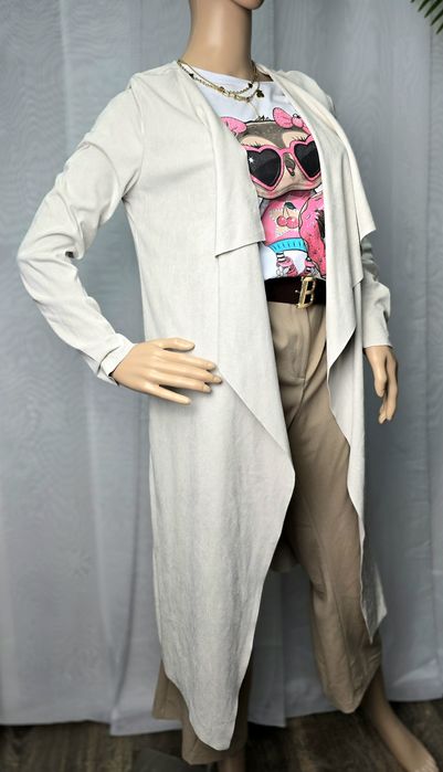 Kardigan Narzutka beżowa latte zamsz zamszowa asymetryczna długa S