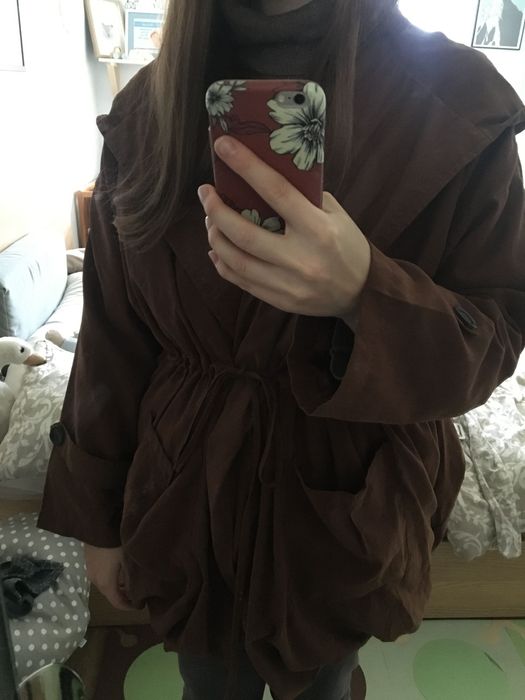 Czekoladowa brązowa parka bombka wiązana w talii z kapturem BooHoo M/L