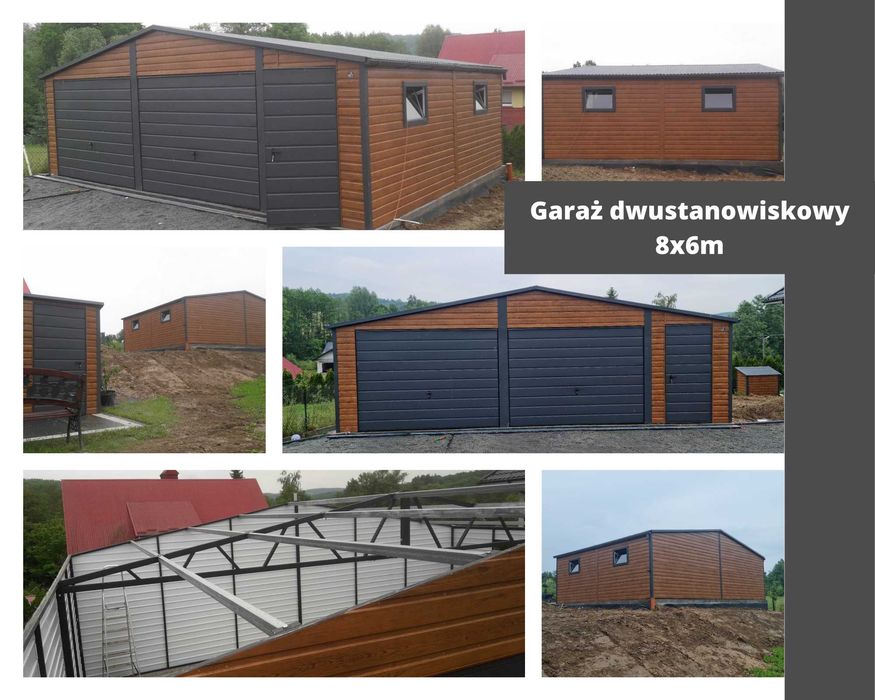 Garaż blaszany dwustanowiskowy drewnopodobny 8x6m (automat, filc)