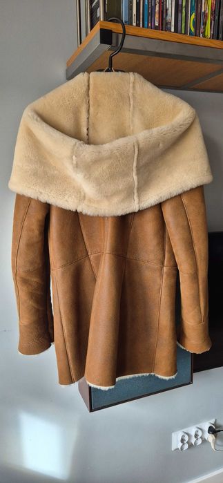 Kożuch damski rozm. S ciepły, duży kaptur Pilotka skóra owcza