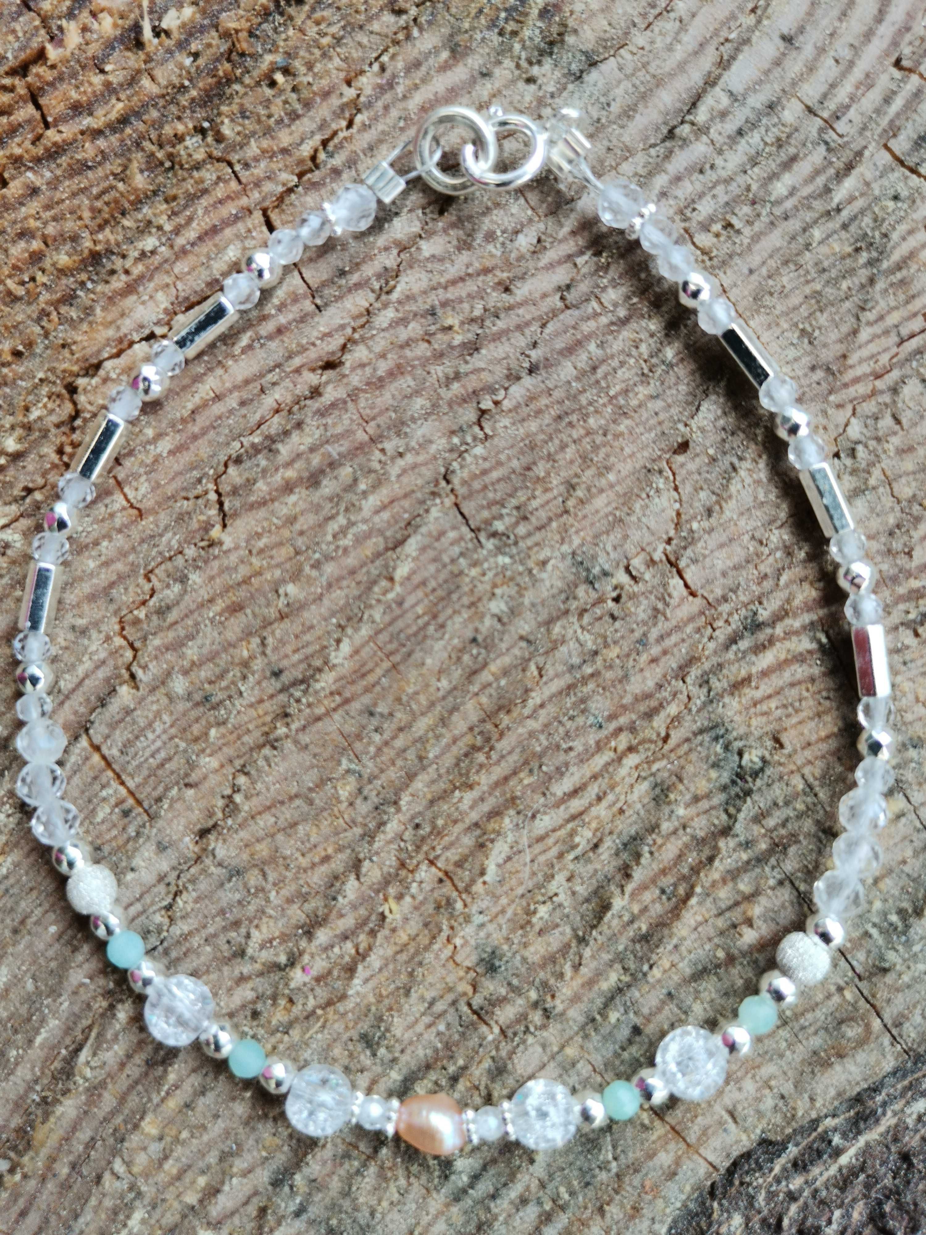 Bransoletka lince kamienie amazonit kryształ srebro perła naturalna