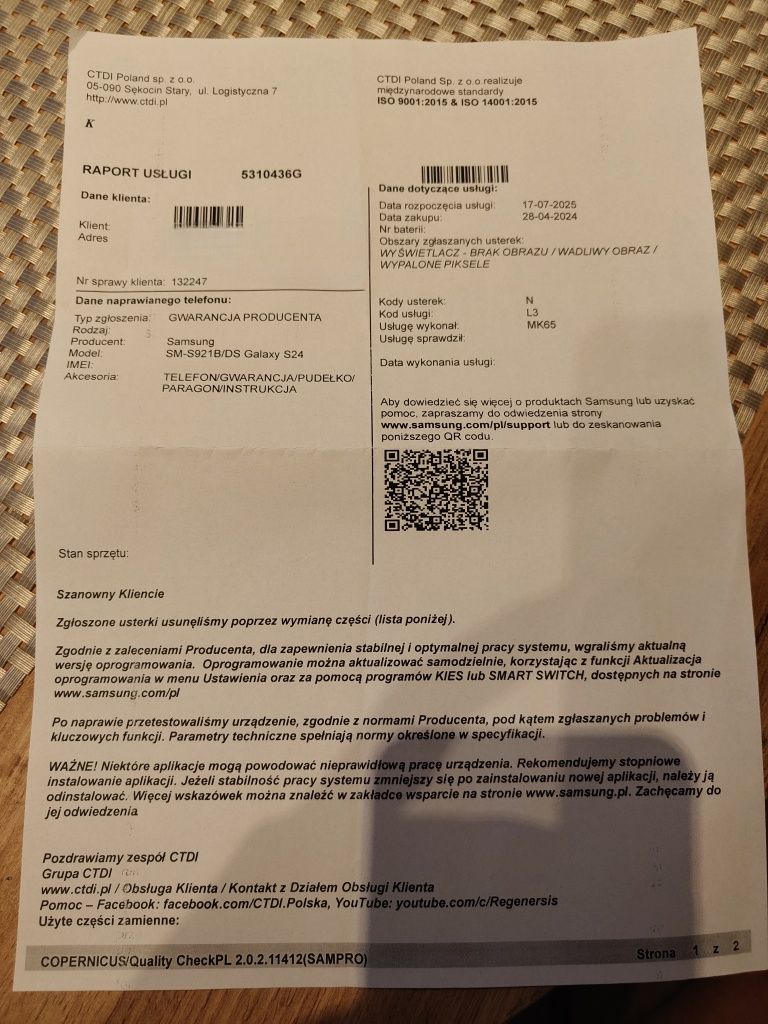 Samsung Galaxy S24 8/128GB Stan bardzo dobry(serwisowany CDTI Polska)
