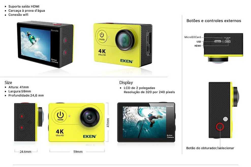 Camera de ação 4K à prova de água