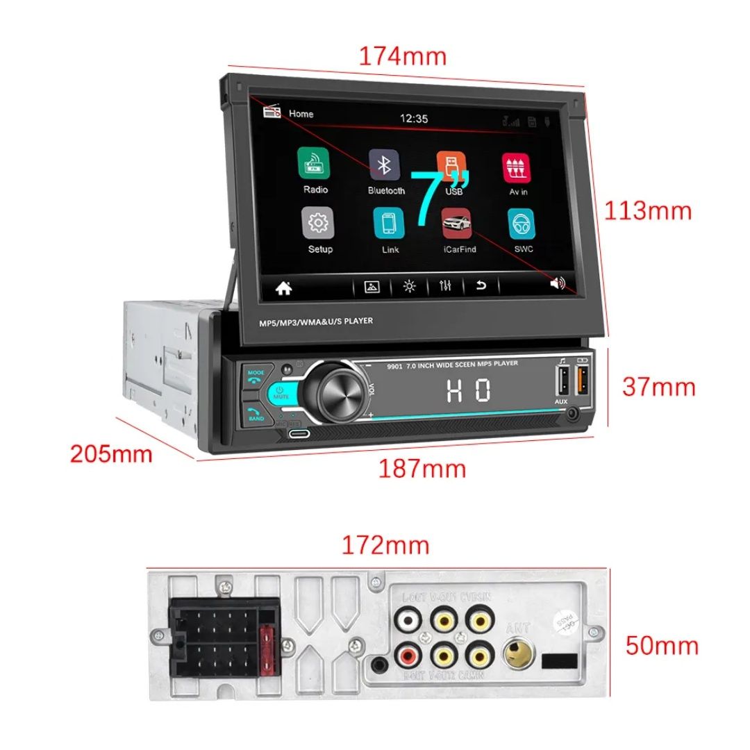 Rádio 1din 7" Retrátil Bluetooth Dual USB Fast Charging Mirrorlink FM