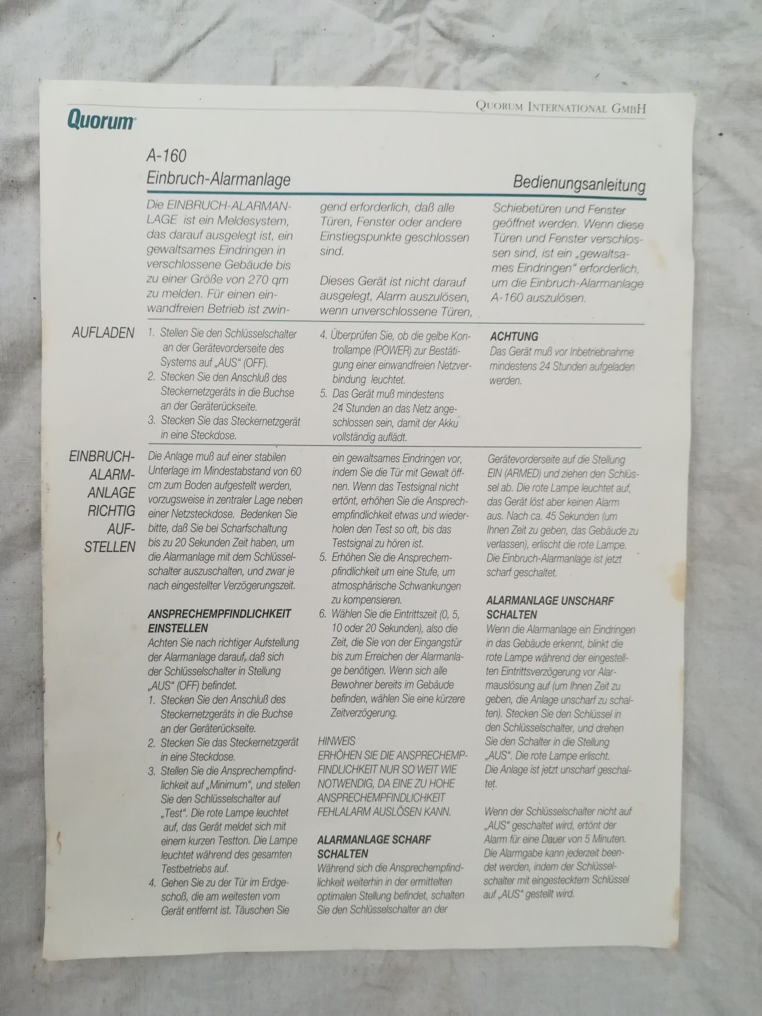 Quorum A-160 Alarm ciśnieniowy Niekompletny