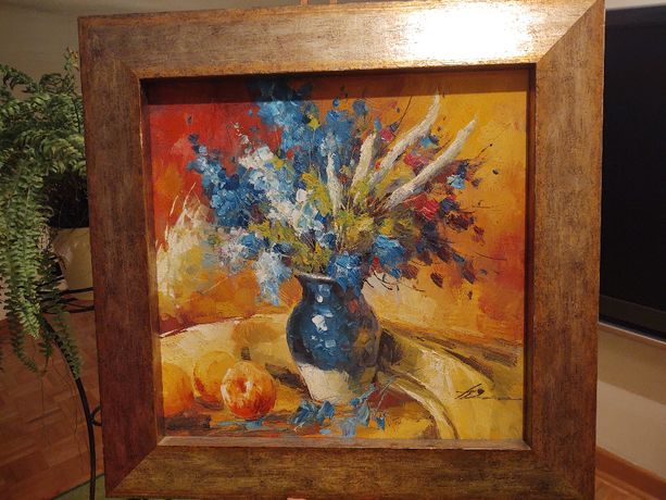 Prawdziwy obraz olejny na płótnie, kwiaty, w ramie drewnianej złoconej