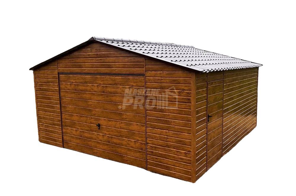 Garaż blaszany 5x6 Brama uchylna  Blachodachówka drewnopodobny GP99