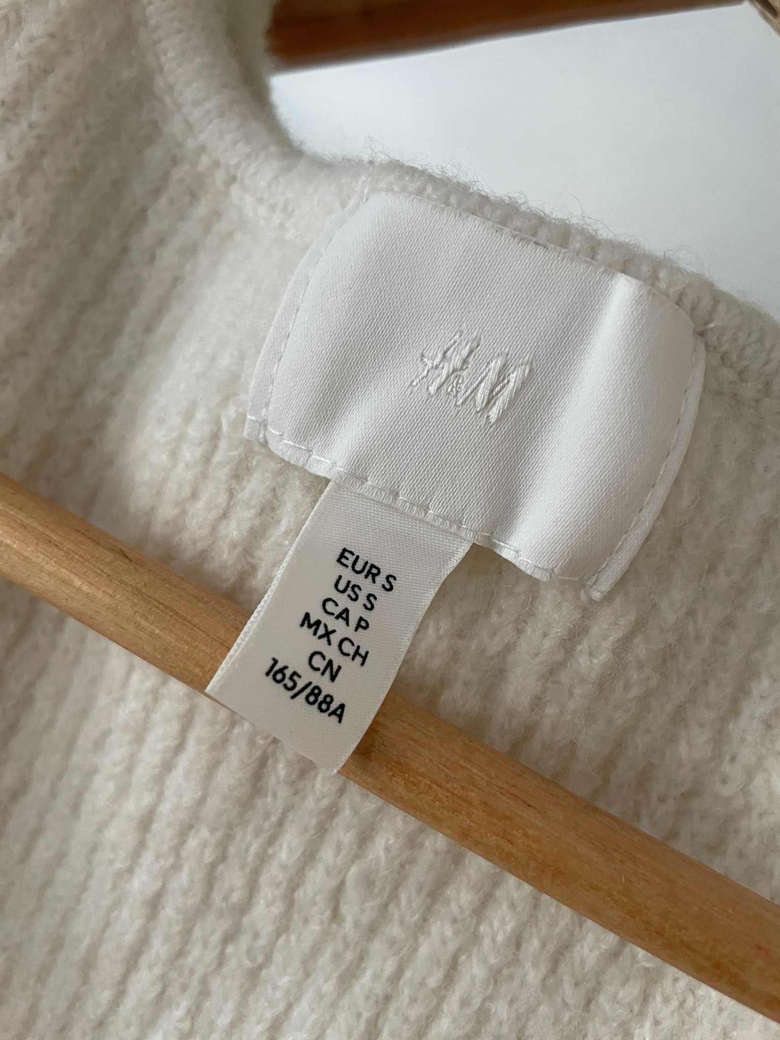 H&M sweter kremowy prążek krótki dekolt V wełna wool S 36