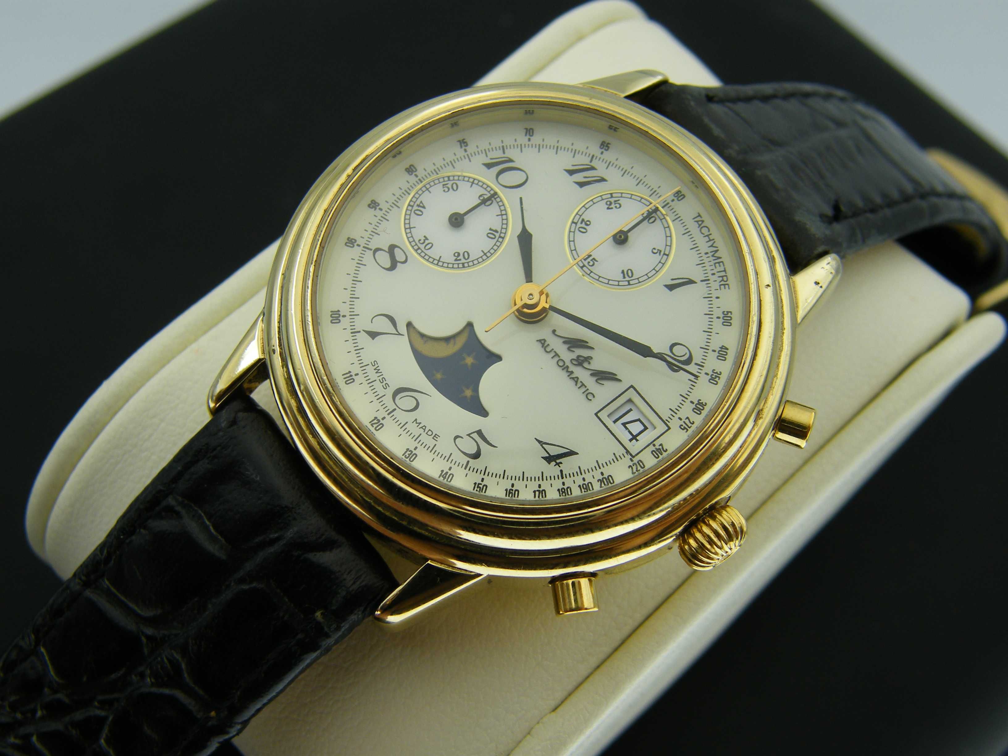 M & M Automatic Chronograph z Fazami Księżyca Cal.Valjoux 7758 Złocony