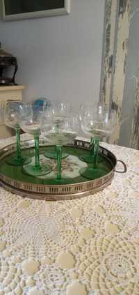 Vintage reczny szlif kieliszki do wina renskiego zielona podstawa