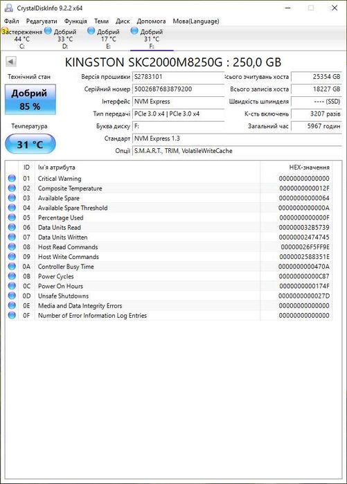 M.2 SSD диск 250GB Kingston KC2000 (3000MBs\PCI-e 3.0 x4\NVMe\M2 2280)