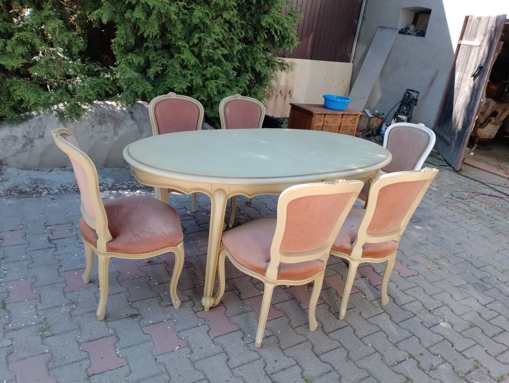 Piękny stylowy stół rozkładany +6 krzeseł ecru  ludwik dębowy