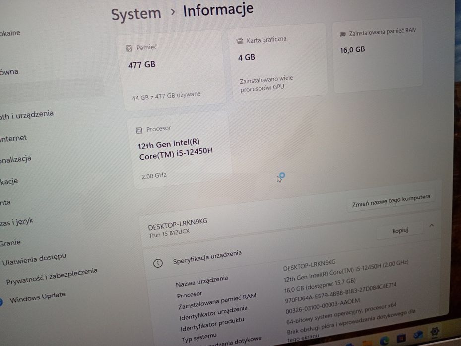 Laptop MSI Thin 15 B12UCX 1818xpl i5 16/477GB RTX2050 Komis Tarnów
