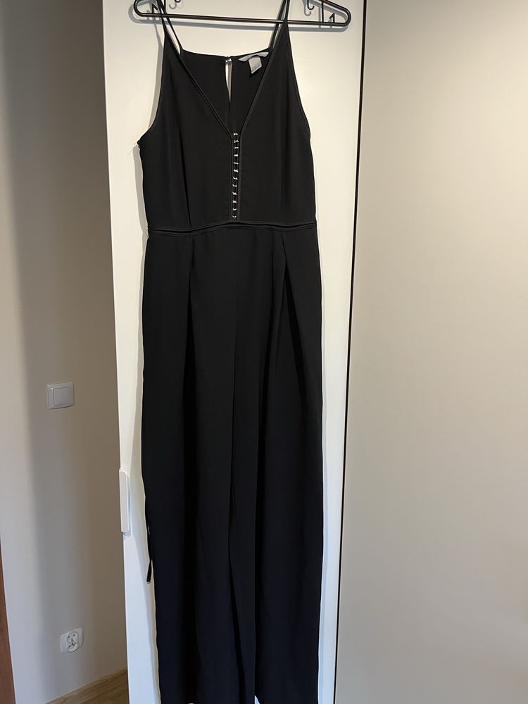 Czarny kombinezon elegancki szerokie nogawki H&M