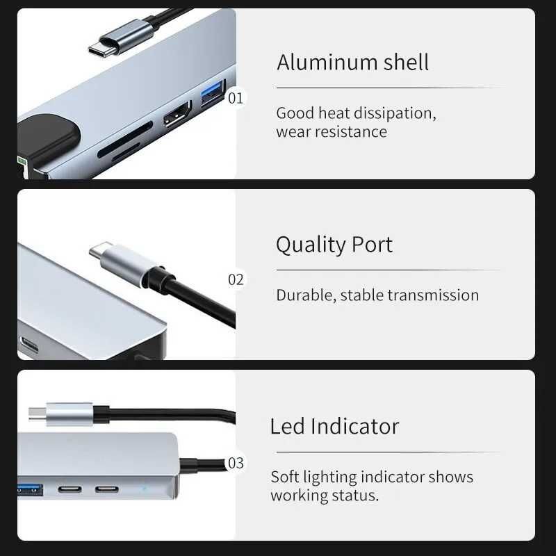 Адаптер концентратор USB 8 в 1 Type C 4k Hdmi Rj45  Charge For Macbook