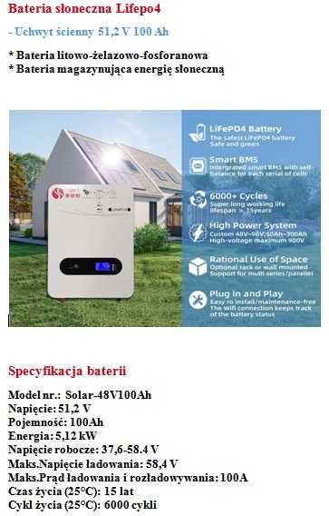 Bateria słoneczna Lifepo4
- Uchwyt ścienny 51,2 V 100 Ah