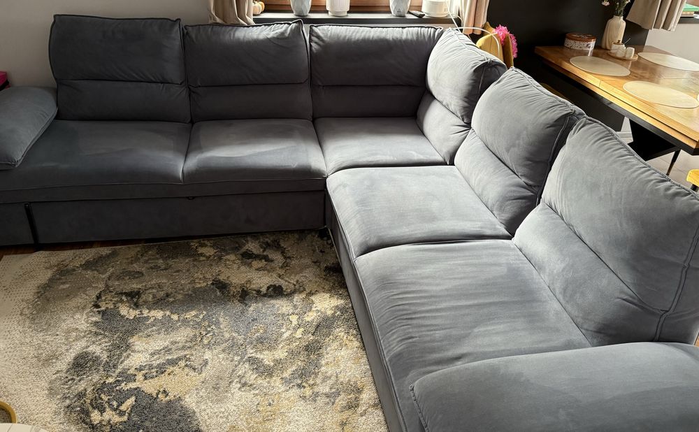 Narożnik granatowy wygodny Agata Schowek funkcja spania