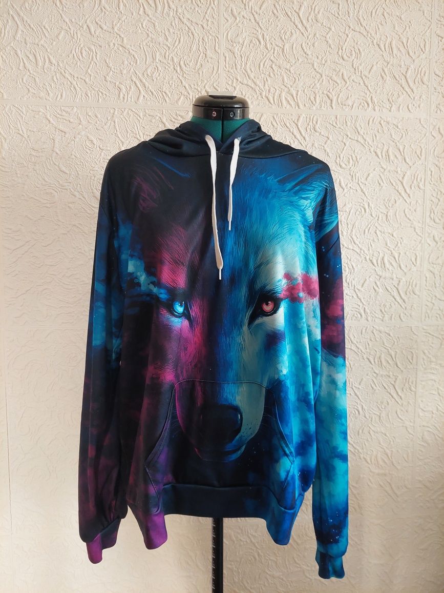 Bluza z wilkiem wilk 3D niebiesko różowa z kapturem