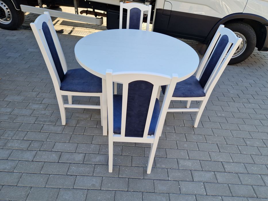 Nowe : Stół okrągły + 4 krzesła, biały + metaliczny granat, transPL