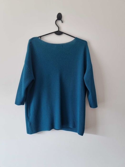 Damski sweter rękaw 3/4 Reserverd turkusowy sweter oversize szeroki