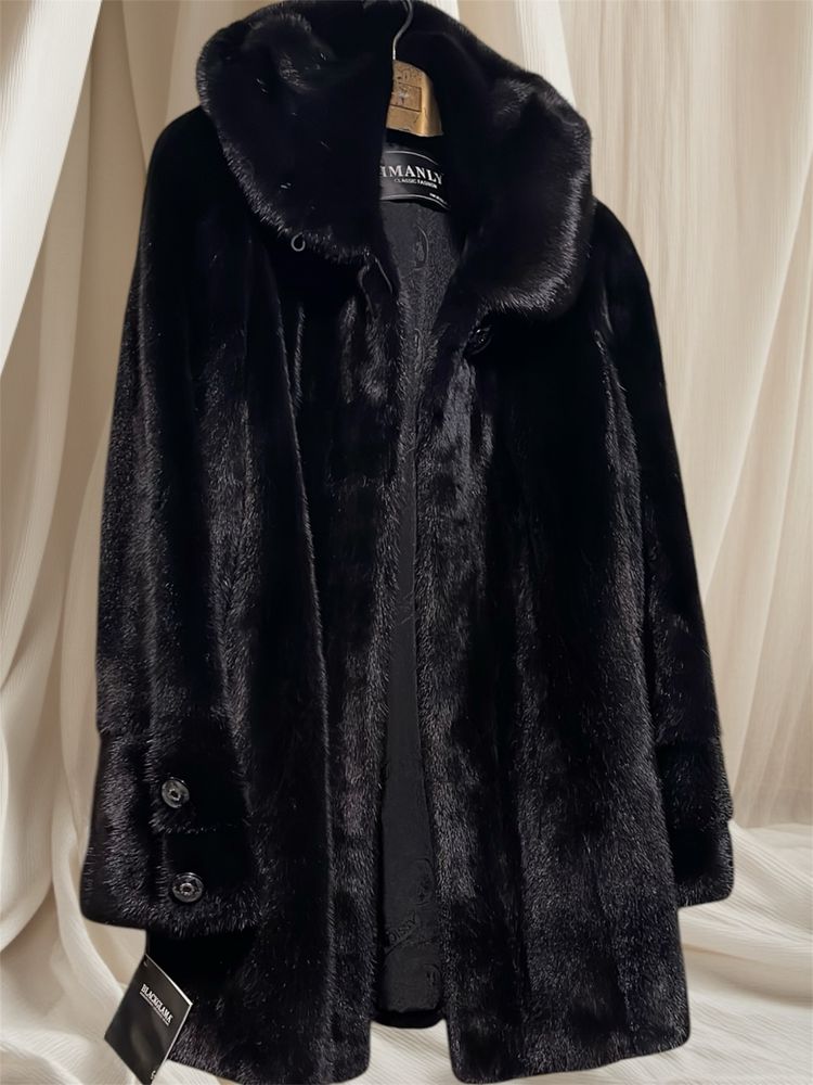 Шуба норкова black glama з капюшоном манто оверсайз 48-54