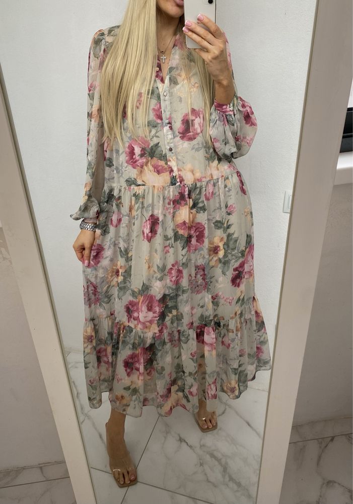 шифоновое платье h&m розы цветочное платье миди макси цветы шифон