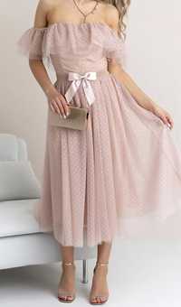 Tiulowa sukienka hiszpanka na wesele, pudrowy róż M/L