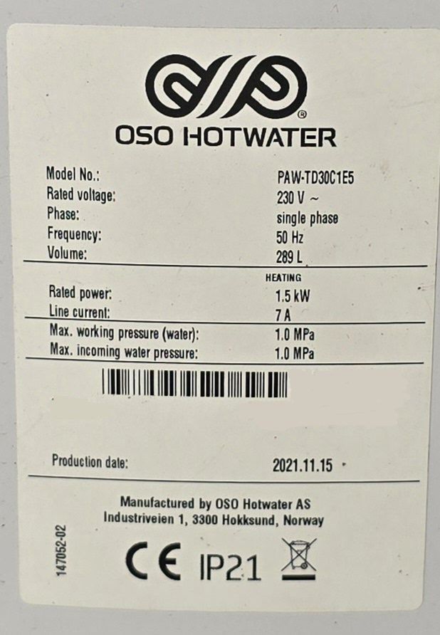Zbiornik CWU OSO Hotwater PAW-TD30C1E5 289 litrów