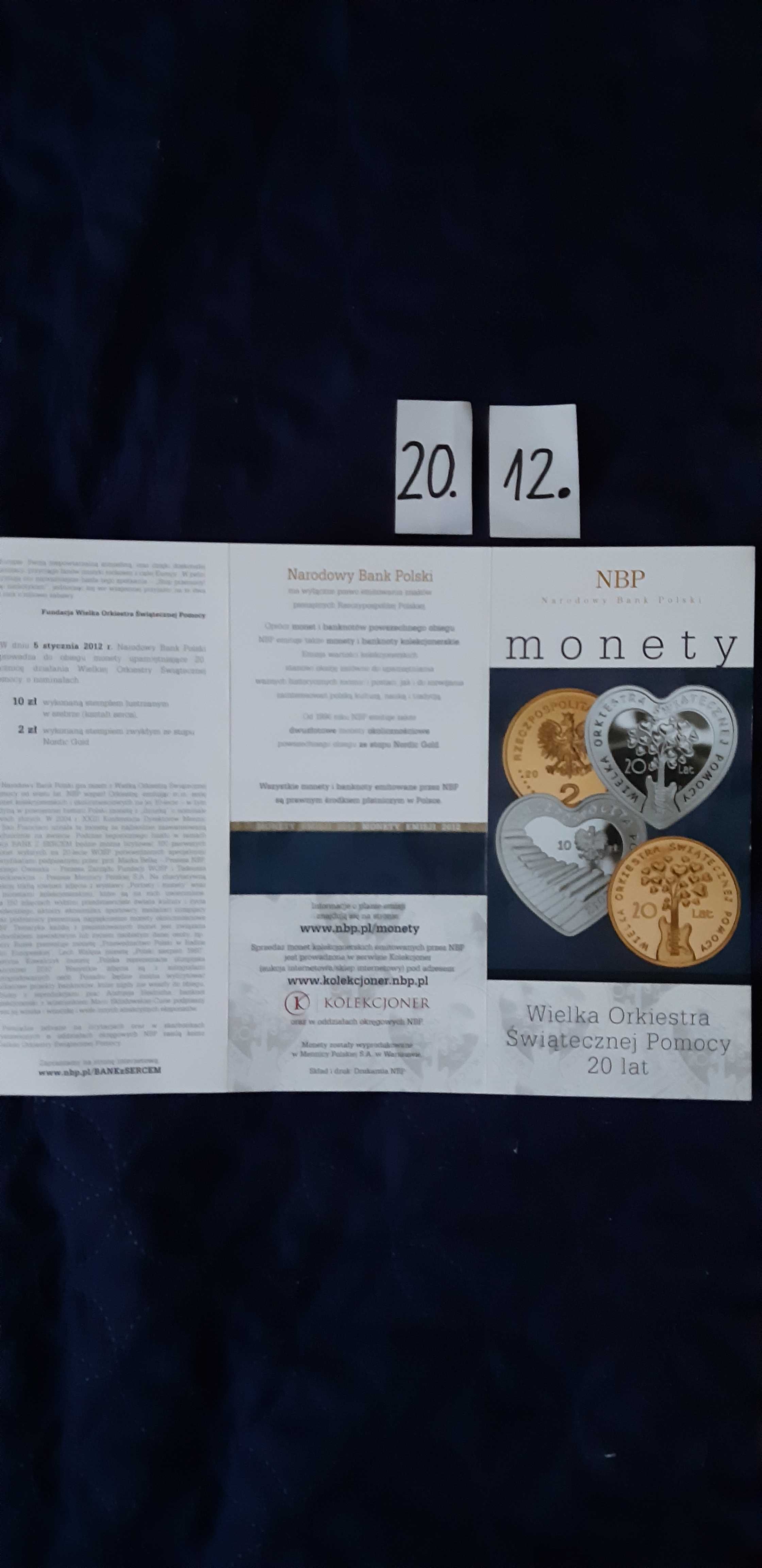 folder do monety Wielka Orkiestra Świątecznej Pomocy 20 lat 2012 rok