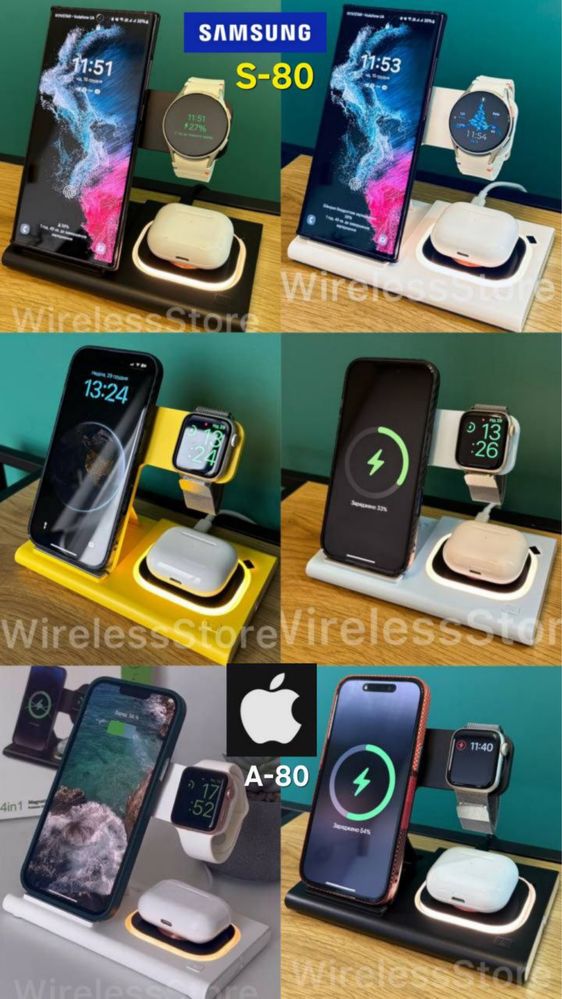 Бездротова зарядка 4 в 1 Apple Watch iPhone Airpods швидка Беспровідна