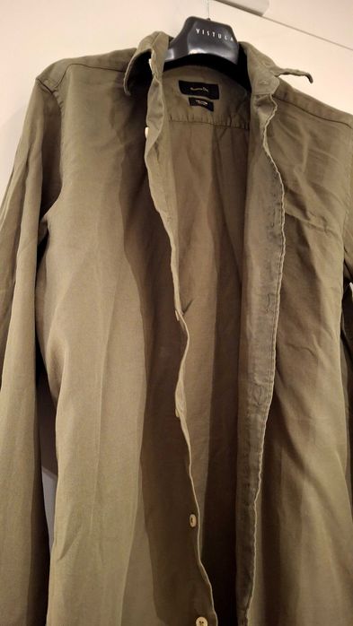 Khaki massimo dutti s koszula męska oliwkowa slim zielona długi rekaw