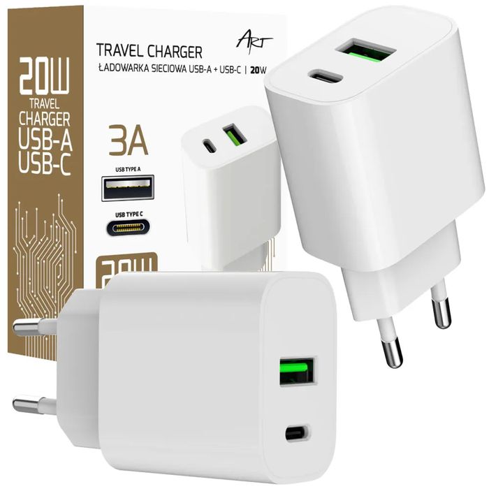 Ładowarka sieciowa ART GaN 20W mocna USB-C PD + USB QC AZ-U20W2