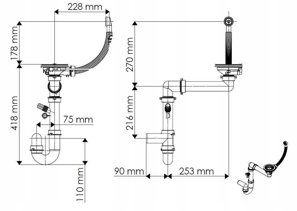 Syfon srebrny z przelewem manualnym okrągłym inox złącze do zmywarki