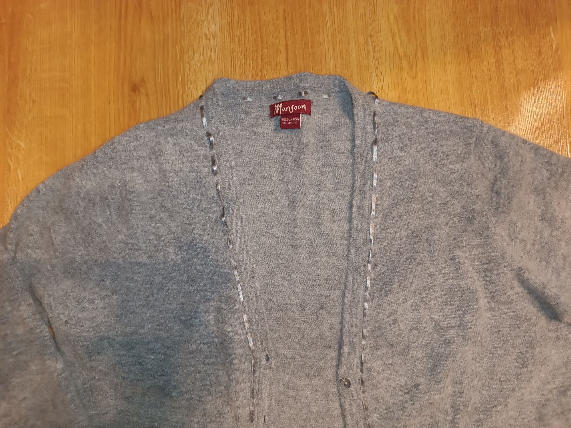 Szary sweterek rozpinany Monsoon 14 XL 42 owcza Wełna angora