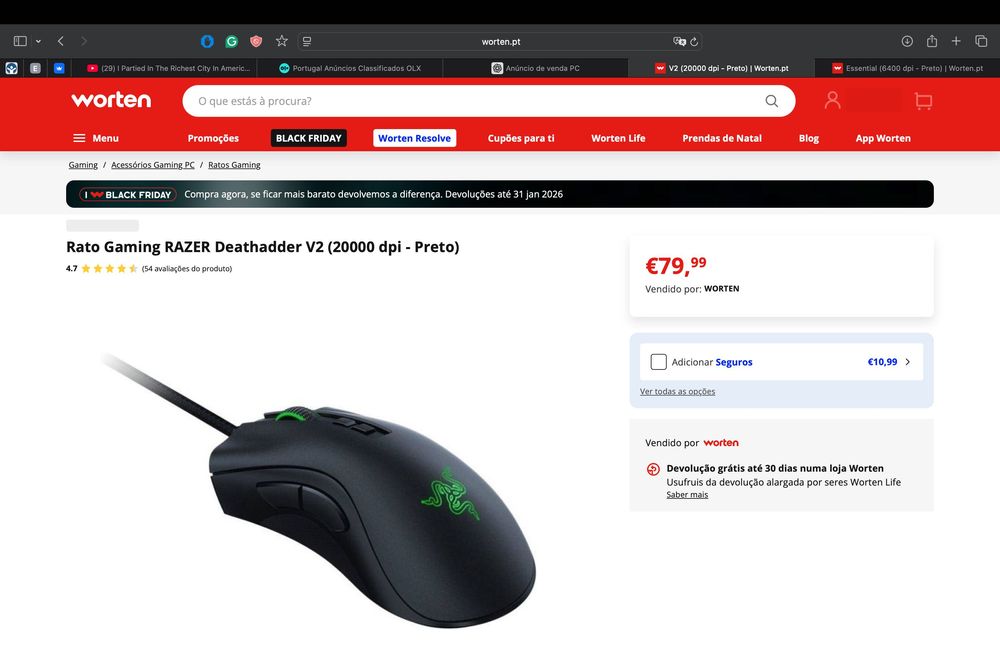 Razer DeathAdder V2 — 20.000 DPI • RGB • Perfeito estado