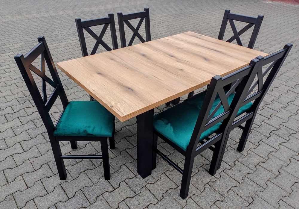 Stol 185/244x95 x76 i 8 krzesel czarny mat blat dab craft złoty lofl