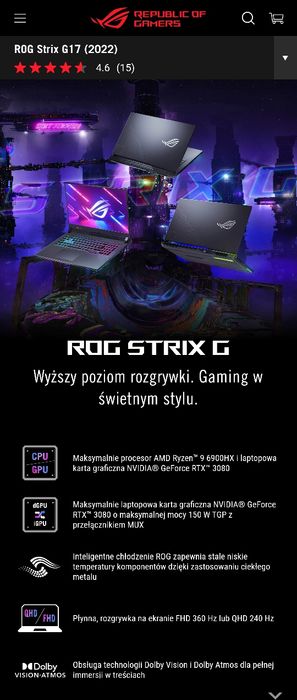 Laptop Asus rog strix 17" rtx 3080 Ryzen 9 6900hx 32gb + TORBA MONITOR