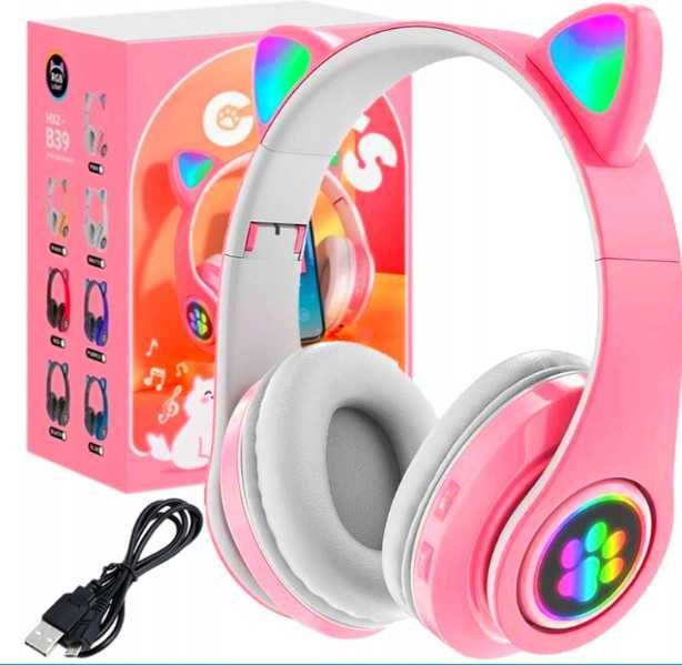 Słuchawki Dla Dzieci BLUETOOTH LED RGB Kocie Uszy