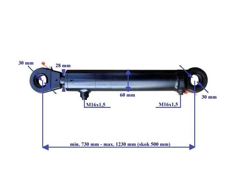 Siłownik hydrauliczny wysuw / skok 500 mm dwustronny MOCNY