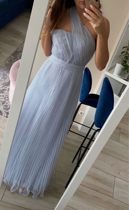 niebieska tiulowa sukienka maxi jedno ramię plisowana 3 xl  46 asos