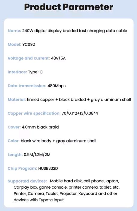 Кабель 240W Type-C to Type-C 2 м USB-C з дисплеєм VAW