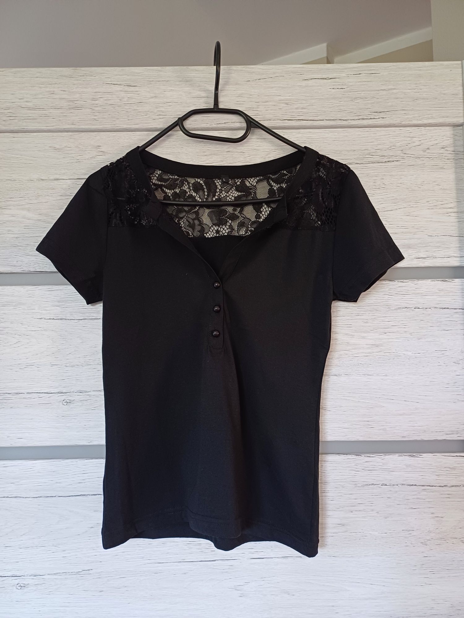 Czarna bluzka koszulka z koronką z guzikami elegancka Shein