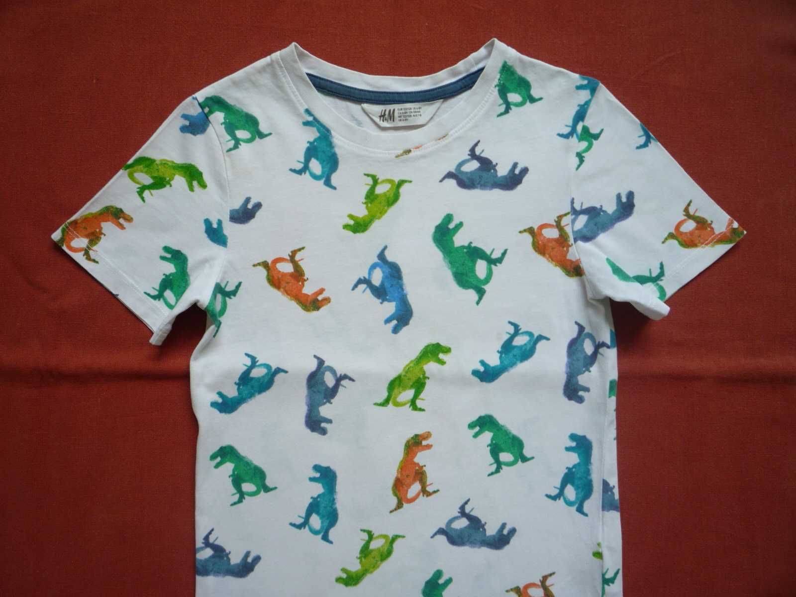 H&M r. 122/128 Biała koszulka w kolorowe dinozaury